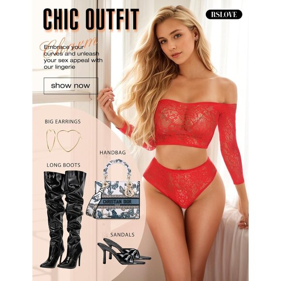 🆕Women's Red Mesh Fishnet Lingerie Bodysuit Long Sleeve Lace See-Through - Picture 5 of 5